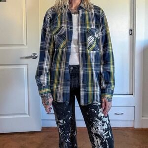 Vintage 1980s 1990s 5 brothers navy green and yellow button down flannel shirt